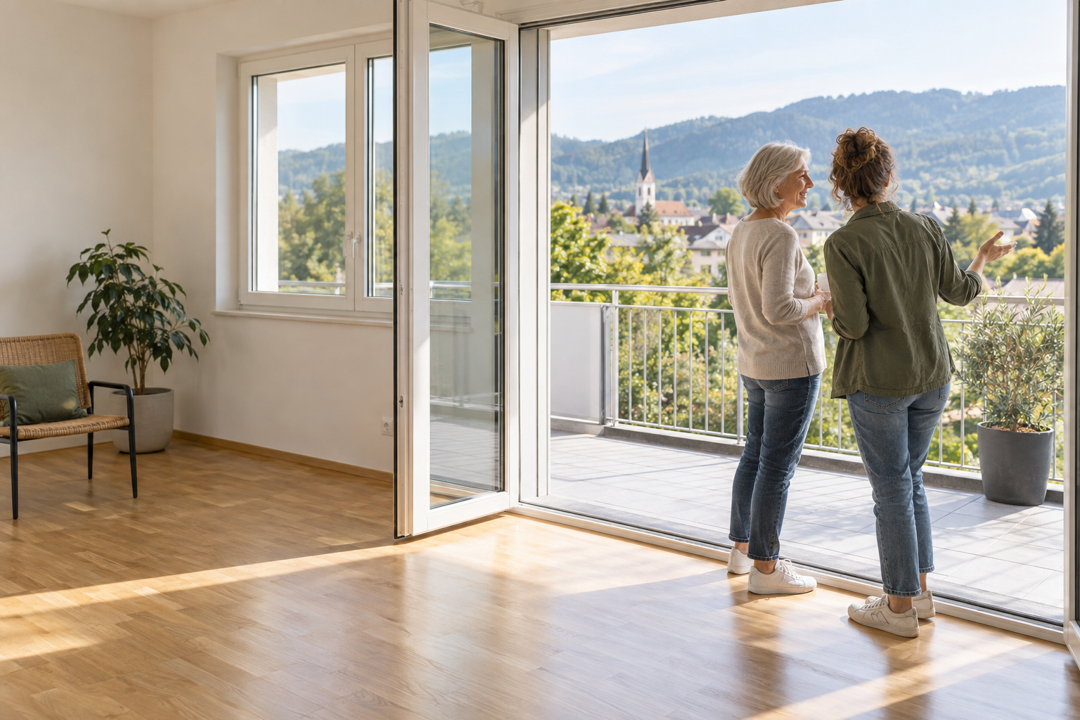Mutter und erwachsene Tochter besichtigen eine helle Wohnung mit Balkon